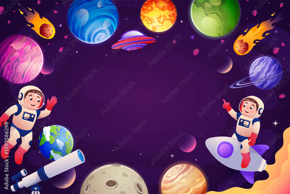 Naklejka premium Cartoon Space Adventure with Astronauts and Planets