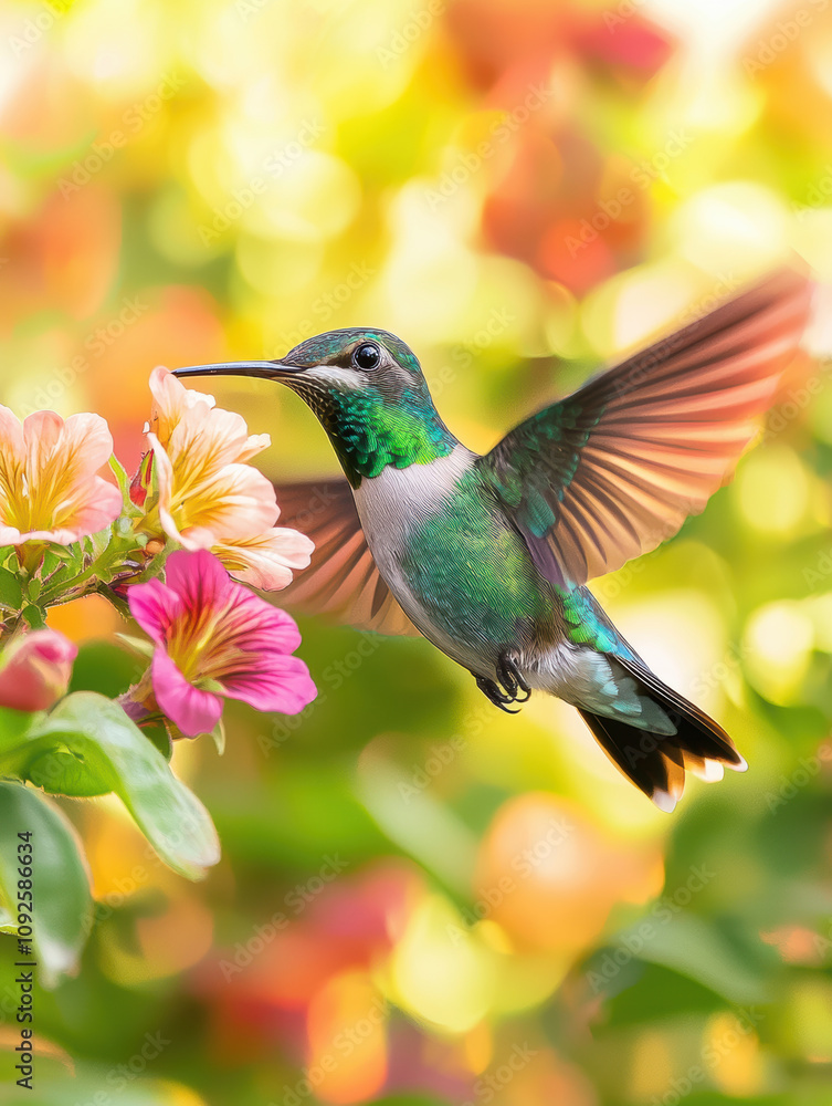 Fototapeta premium Hummingbird hovering at a flower with golden sunlight and vibrant blooms.