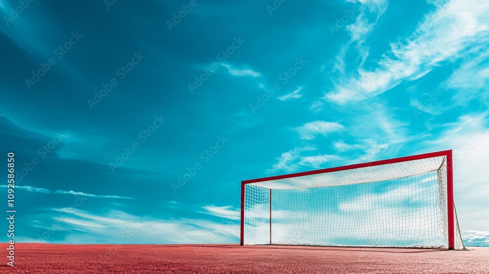 Vibrant and Colorful Soccer Goal on a Dramatic Sky Background with Wispy Clouds and an Abstract Ground Texture Vibrant and Colorful Soccer Goal on a Dramatic Sky Background with Wispy Clouds and an Abstract Ground Texture