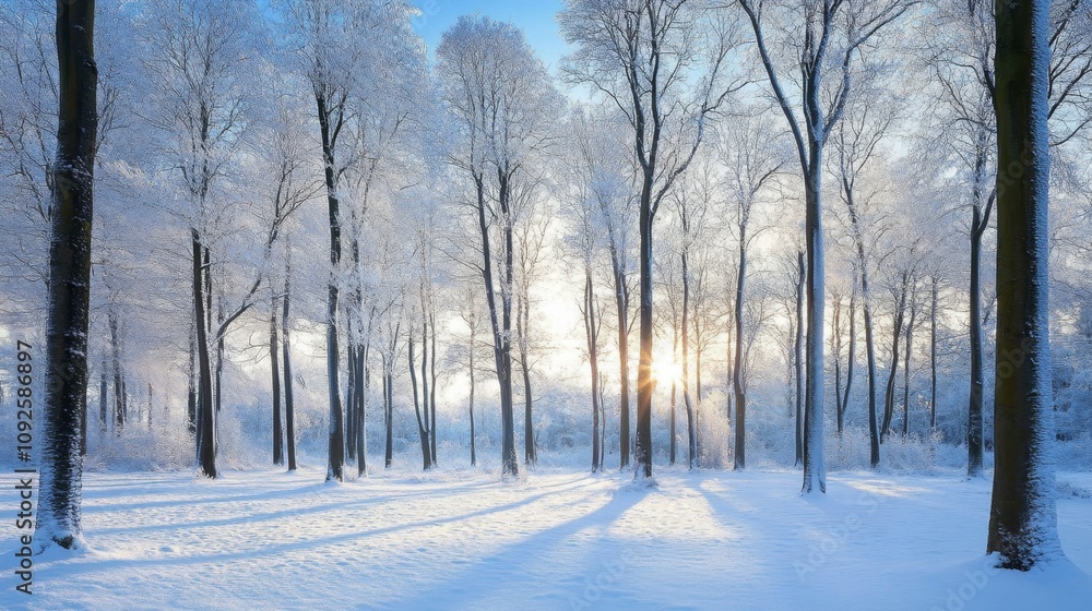 Serene Winter Scene: Snow-Covered Forest with Tall Trees under Blue Sky Serene Winter Scene: Snow-Covered Forest with Tall Trees under Blue Sky