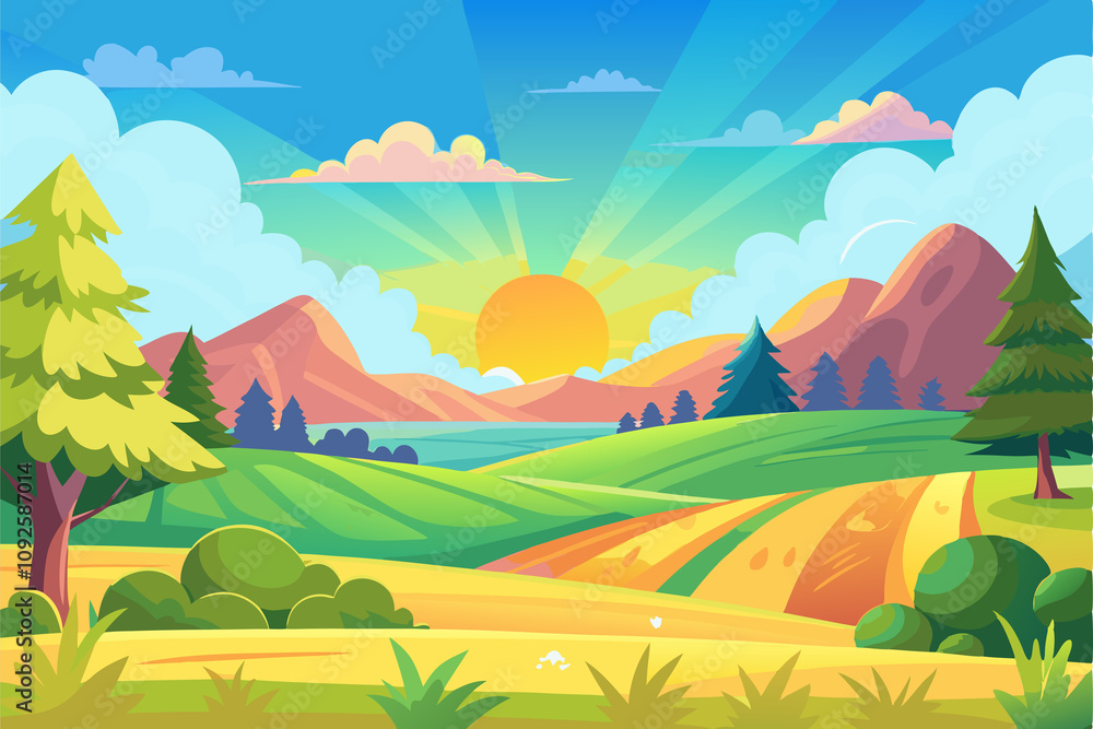Obraz premium A lively illustration of a bright cartoon summer fields landscape with rolling green hills, colorful flowers, and a sunny sky, perfect for cheerful and whimsical designs.