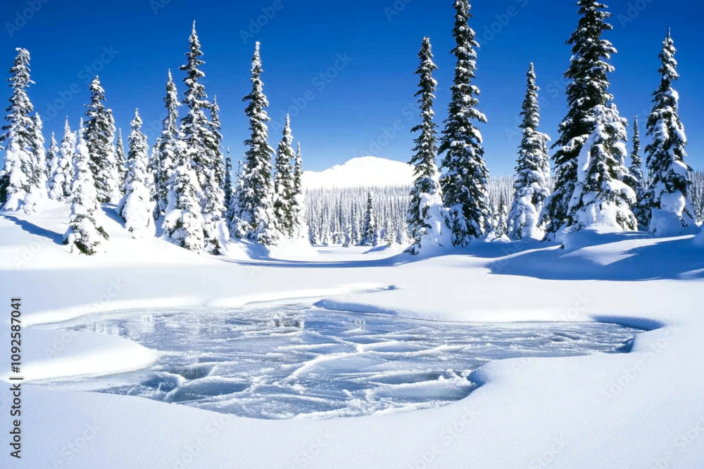 Obraz premium Scenic winter landscape with snow-covered trees, a frozen lake, and a clear blue sky, capturing the serene beauty of nature in a snowy wilderness