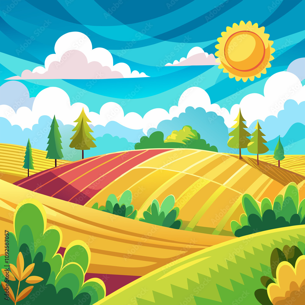 Obraz premium A lively illustration of a bright cartoon summer fields landscape with rolling green hills, colorful flowers, and a sunny sky, perfect for cheerful and whimsical designs.