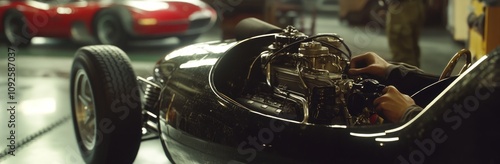 A close-up of a vintage racing car's cockpit, with another car in the background. photo