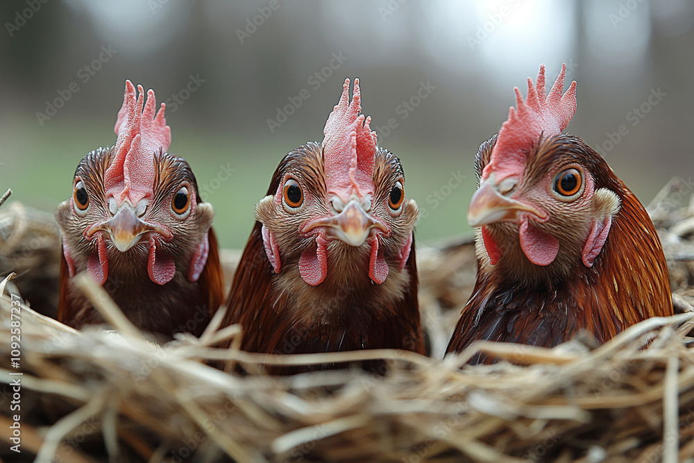 Fototapeta premium Chicken eco-farm. A rural farm for chickens. The chickens are in the nest. Chickens in the yard.