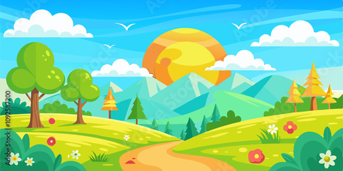 A lively illustration of a bright cartoon summer fields landscape with rolling green hills, colorful flowers, and a sunny sky, perfect for cheerful and whimsical designs. photo