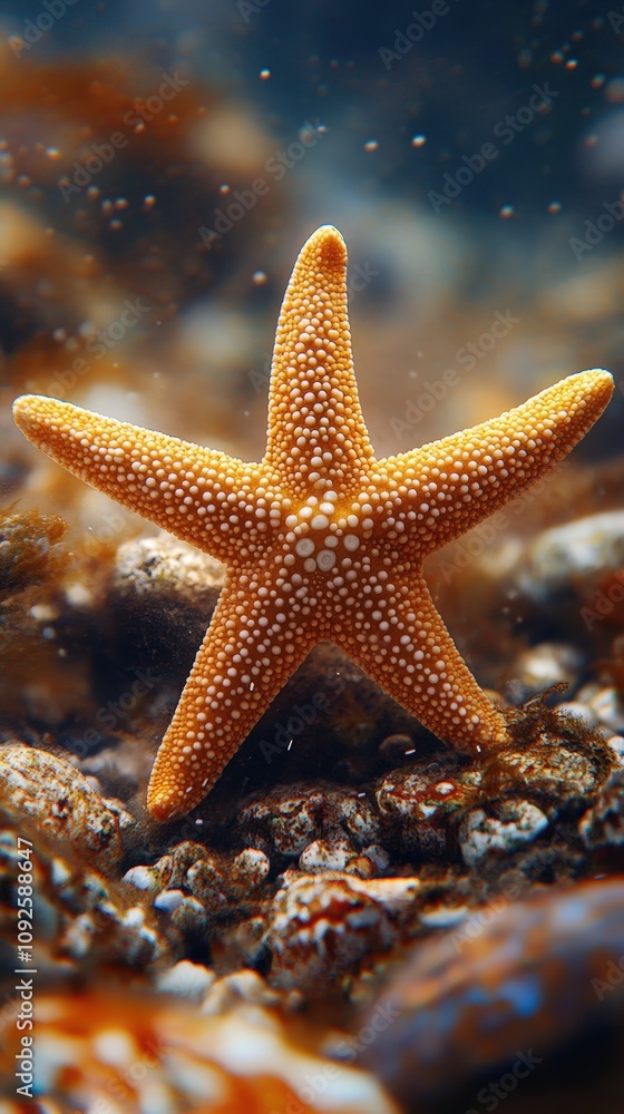 A vibrant orange starfish resting on a rocky ocean floor, showcasing nature's beauty and diversity underwater. A vibrant orange starfish resting on a rocky ocean floor, showcasing nature's beauty and diversity underwater.