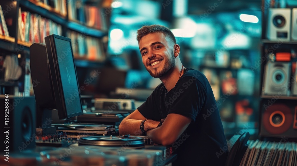 A smiling man in a music store, surrounded by vinyl records and audio equipment. A smiling man in a music store, surrounded by vinyl records and audio equipment.