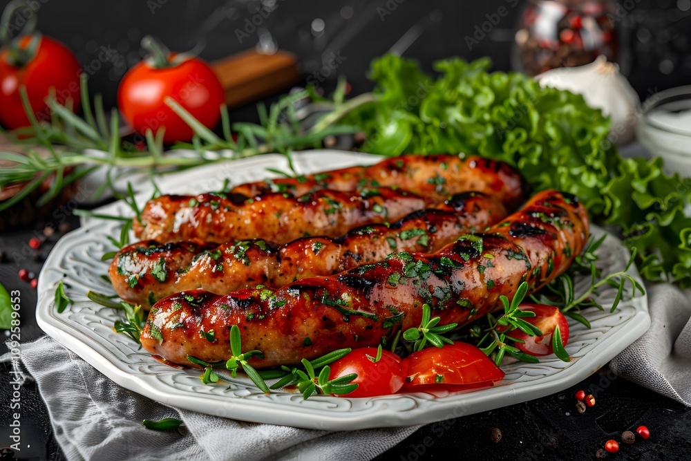 Grilled sausages on a white platter with fresh herbs and vegetables Grilled sausages on a white platter with fresh herbs and vegetables