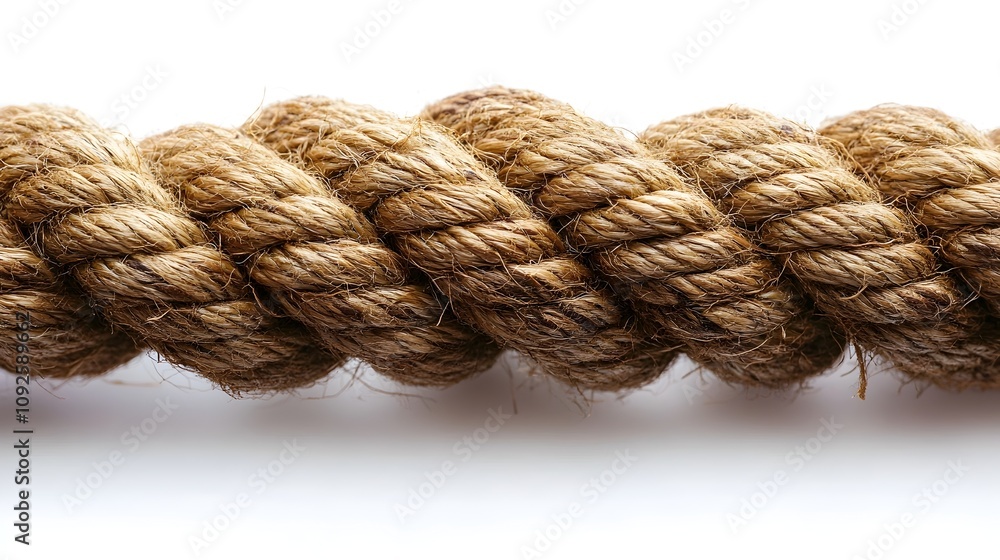 Close-up detailed view of an intricate,braided and twisted rope pattern in a natural brown and beige color palette against a plain white background. The textured. Close-up detailed view of an intricate,braided and twisted rope pattern in a natural brown and beige color palette against a plain white background. The textured.