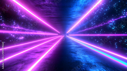 Abstract 3D Neon Tunnel Background with Pink and Blue Glowing Lines and Starry Texture