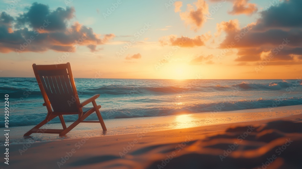 Beach chair at sunset with soft pastels and bokeh effect Beach chair at sunset with soft pastels and bokeh effect