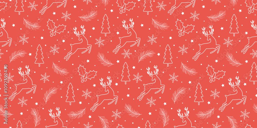 Christmas seamless pattern with deer, Christmas tree, holly berries, snowflakes on red background. Vector illustration for gift wrapping paper, fabric, clothes, textiles, surface textures, scrapbook. Christmas seamless pattern with deer, Christmas tree, holly berries, snowflakes on red background. Vector illustration for gift wrapping paper, fabric, clothes, textiles, surface textures, scrapbook.