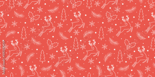 Christmas seamless pattern with deer, Christmas tree, holly berries, snowflakes on red background. Vector illustration for gift wrapping paper, fabric, clothes, textiles, surface textures, scrapbook.