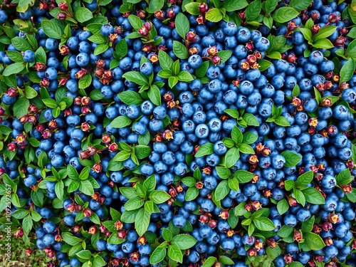 Overhead view of a sprawling bush with numerous ripe blueberry branches, forest ecosystem, overcast sky