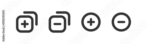 Plus, minus icon. Add, delete list. Button interface. New layout graphic interface.