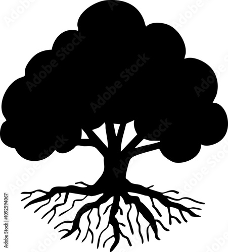 silhouette side view of tree with root illustration.