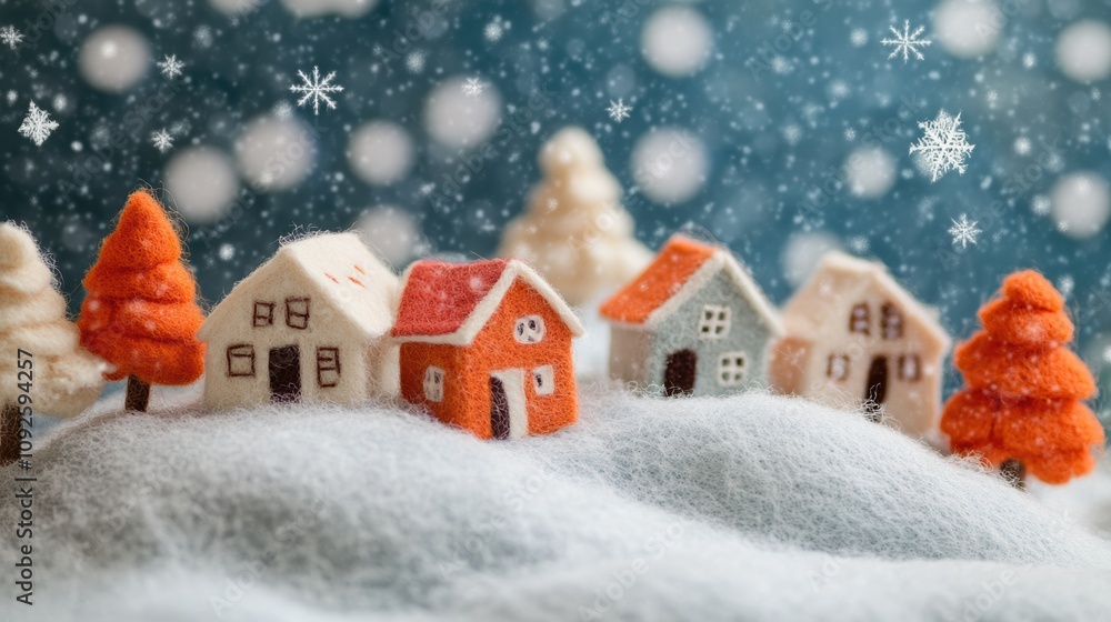 Naklejka premium Miniature wool felt snow scene with houses and trees