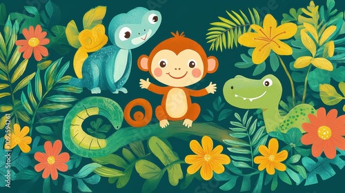 Playful jungle animals like monkeys, sloths, and crocodiles in a vibrant floral setting. Fun and cheerful vector illustration photo