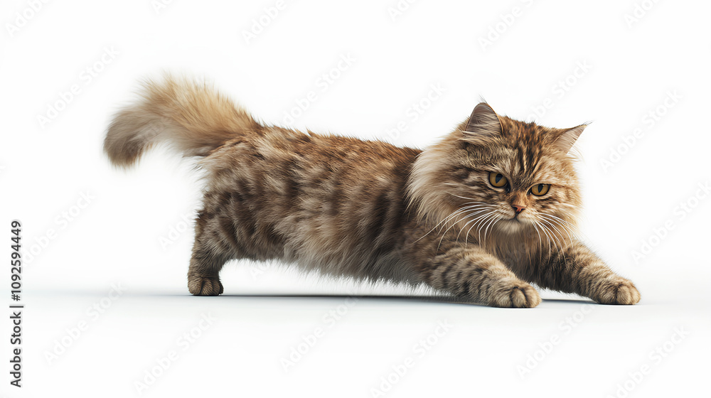 Obraz premium A dynamic 3D rendering of a fluffy cat stretching its front legs, on a pure white background