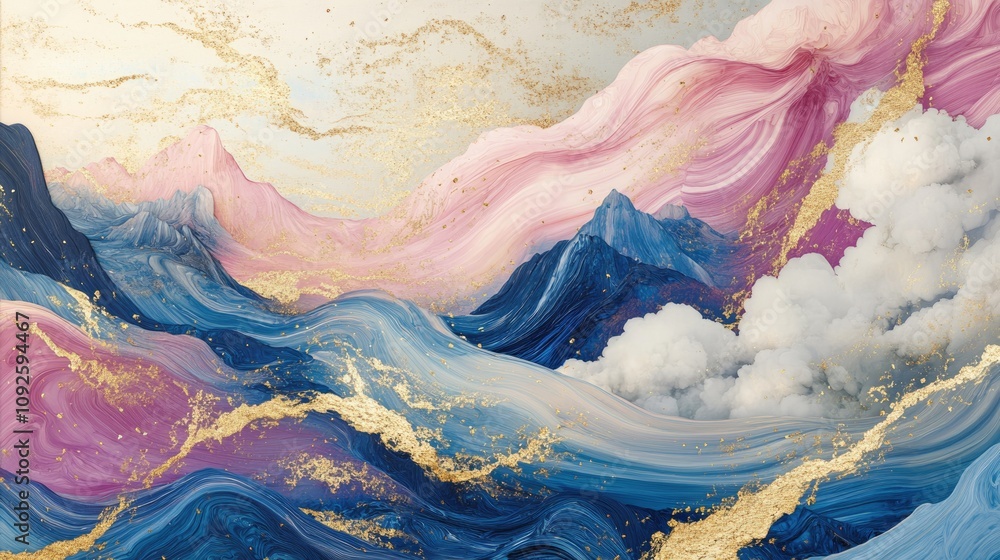 Fototapeta premium A flowing composition of pink and blue waves streaked with gold leads to cloud mountains. The foreground features detailed gold inlaid jade carving, while soft white smoke