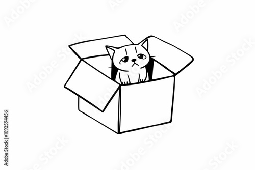 a sad cat abandoned in a cardboard box, white background,