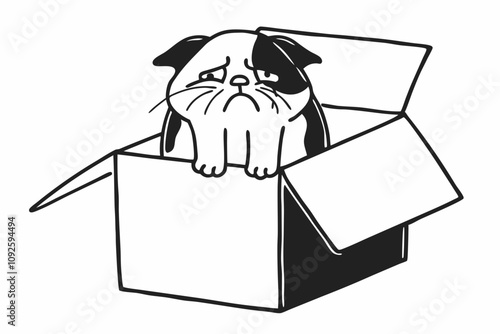 a sad cat abandoned in a cardboard box, white background,