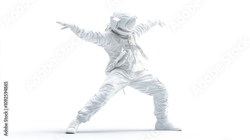 A figure in a futuristic white outfit striking a dynamic pose against a plain background.