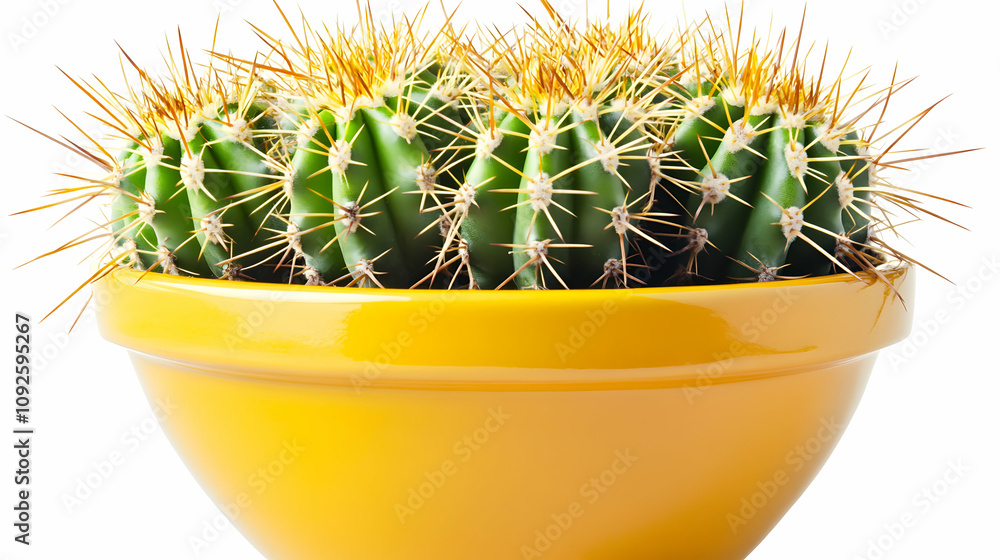 A spiky green cactus plant thrives in a vibrant yellow ceramic pot, a striking desert flora arrangement. A spiky green cactus plant thrives in a vibrant yellow ceramic pot, a striking desert flora arrangement.