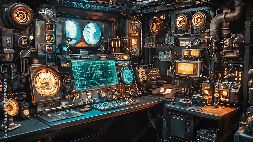 Fototapeta premium Futuristic Tech Room Cyberpunk Control Panel Sci Fi Workstation Digital Interface