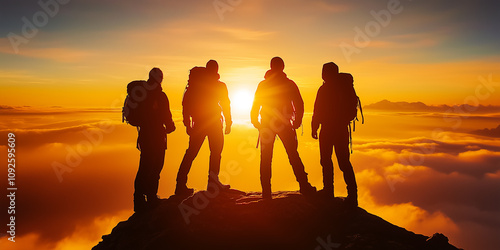 Hikers Standing on Mountain Peak Watching a Glorious Sunset