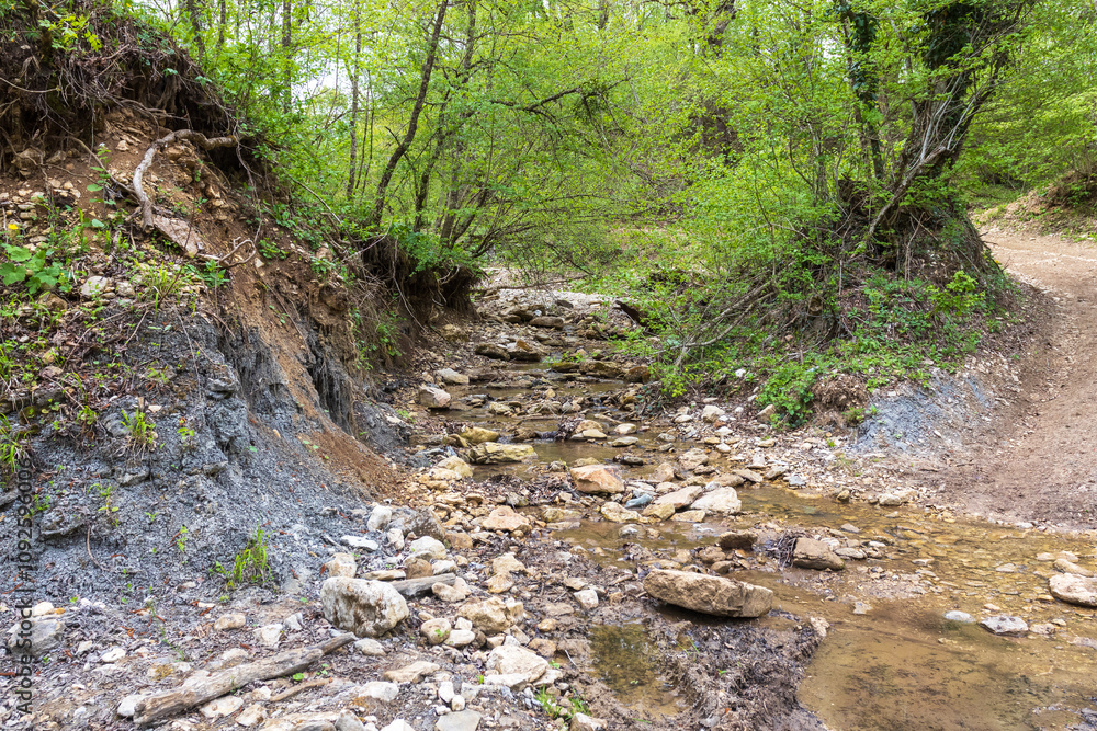 mountain river, spring day walks along the riverbed of a water barrier overlooking the river bottom mountain river, spring day walks along the riverbed of a water barrier overlooking the river bottom