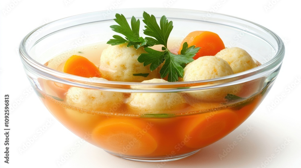 Fresh Matzah Ball Soup in Clear Bowl Fresh Matzah Ball Soup in Clear Bowl
