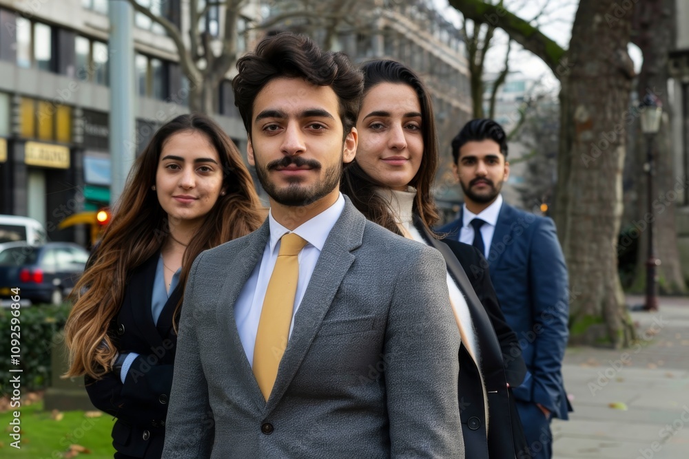 Group of young business people standing in a row and looking at camera Group of young business people standing in a row and looking at camera