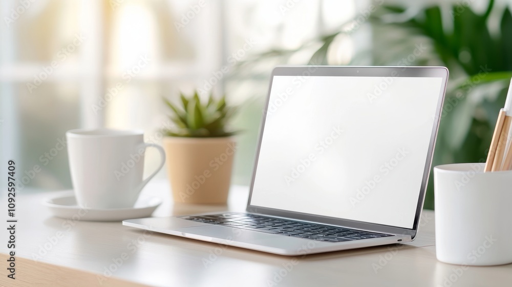 Fototapeta premium Modern Workspace with Laptop, Coffee Cup, and Green Plant on Desk Surrounded by Natural Light in a Bright and Minimalistic Office Environment