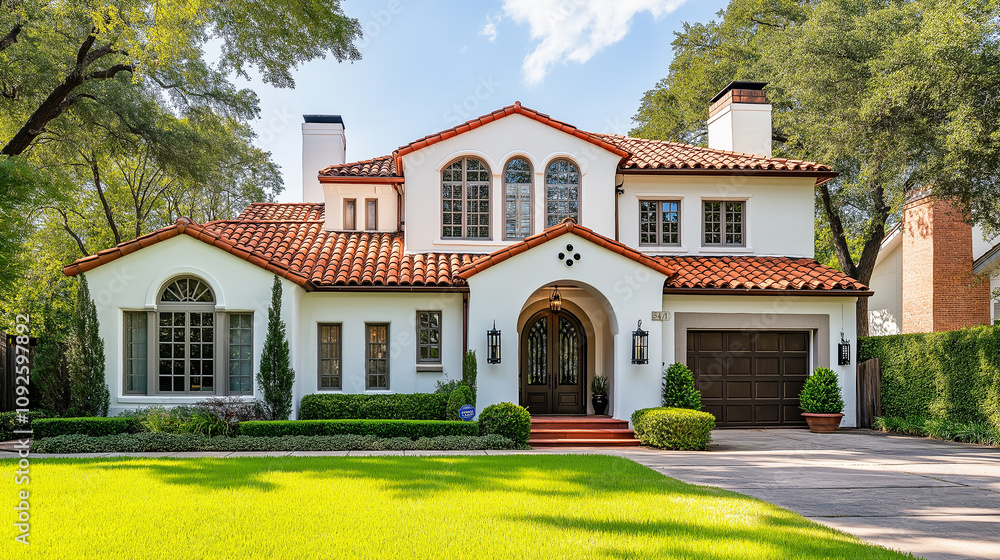 Fototapeta premium Upscale suburban home with white stucco and red-tile roof - Sunny day, lush front yard, vibrant green landscaping