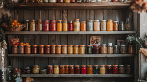 Wallpaper Mural Colorful Preserved Foods in Glass Jars on Rustic Wooden Shelves Torontodigital.ca
