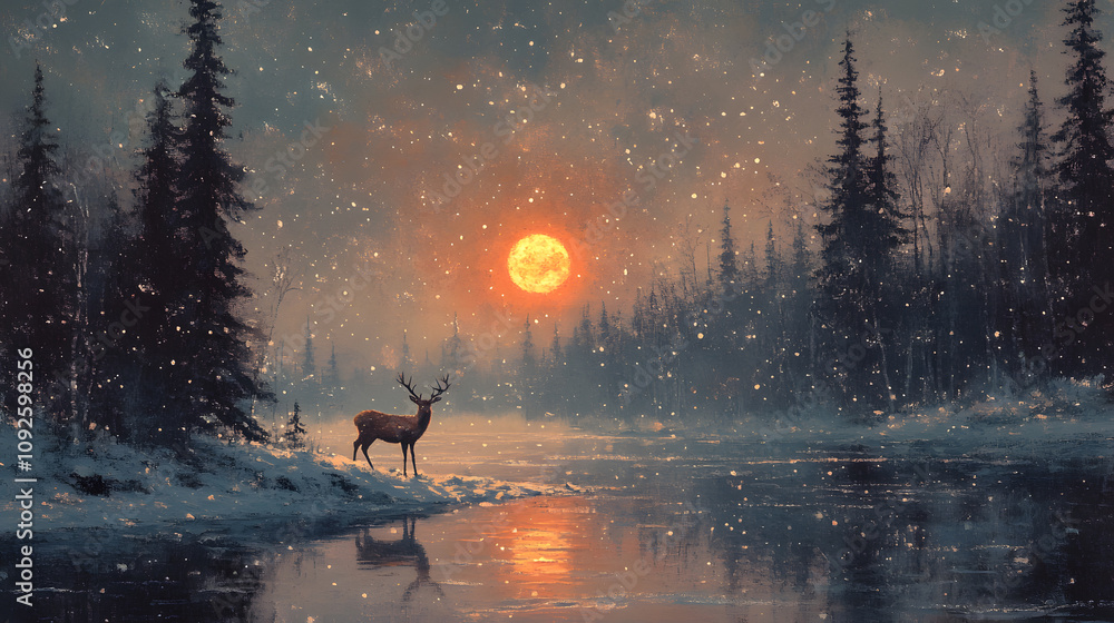 A dreamy pastel painting of a quiet winter night, with a glowing moon casting light over a snow-covered forest and a deer standing in the stillness, framed by softly falling snow. A dreamy pastel painting of a quiet winter night, with a glowing moon casting light over a snow-covered forest and a deer standing in the stillness, framed by softly falling snow.