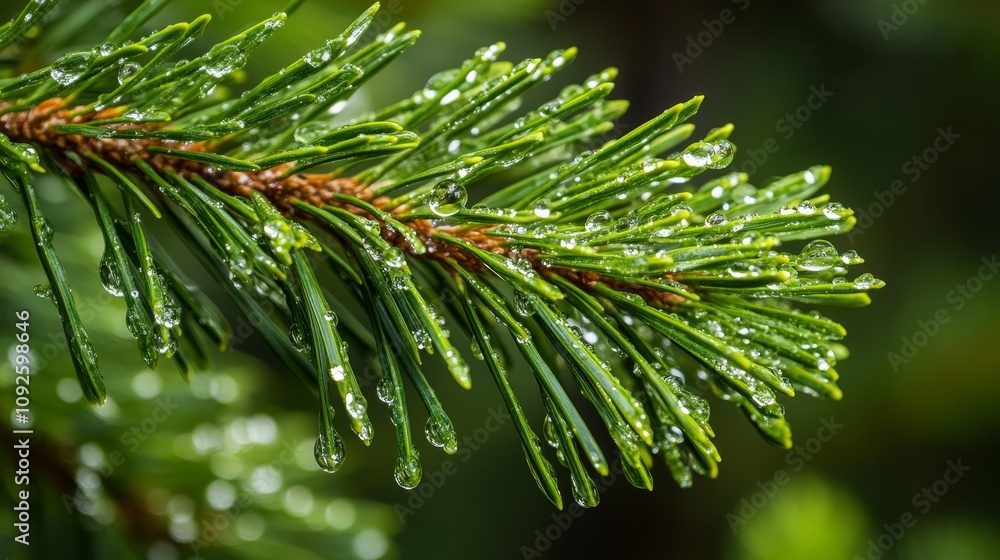 pine branch with dew drops on its vibrant green needles pine branch with dew drops on its vibrant green needles
