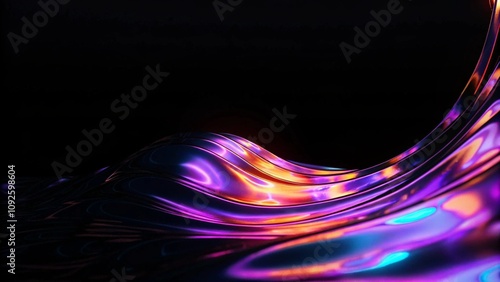 Abstract dark holographic iridescent neon background fluid liquid glass curved wave in motion 3d render background. Modern glowing neon wave line pattern on a dark abstract background photo