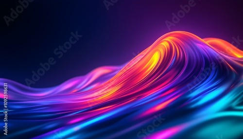 Fototapeta Naklejka Na Ścianę i Meble -  Abstract dark holographic iridescent neon background fluid liquid glass curved wave in motion 3d render background. Modern glowing neon wave line pattern on a dark abstract background