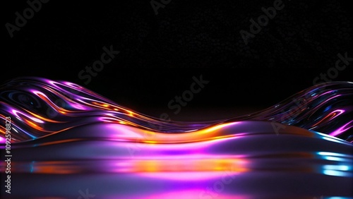 Abstract dark holographic iridescent neon background fluid liquid glass curved wave in motion 3d render background. Modern glowing neon wave line pattern on a dark abstract background photo