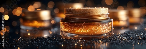 Closeup view of a luxurious golden cosmetic cream or makeup product with a sparkling,glittering,and reflective texture set against a dark background. The image evokes a sense of glamour,opulence. photo