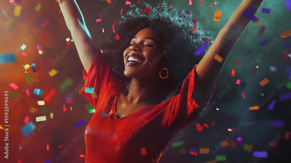 Obraz premium Happy Black Woman Dancing Under Colorful Confetti on Festive Celebration