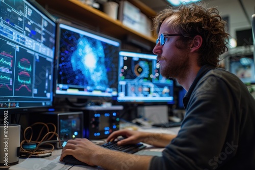 an astronomer or astrophysicist in a research laboratory and analyzes data related to gravitational waves photo