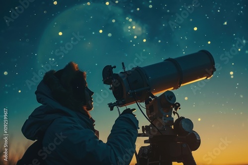 an astrophysicist or amateur astronomer who observes the stars through a large professional telescope photo