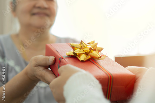 Granddaughter giving Christmas present to Grandma at home. Xmas