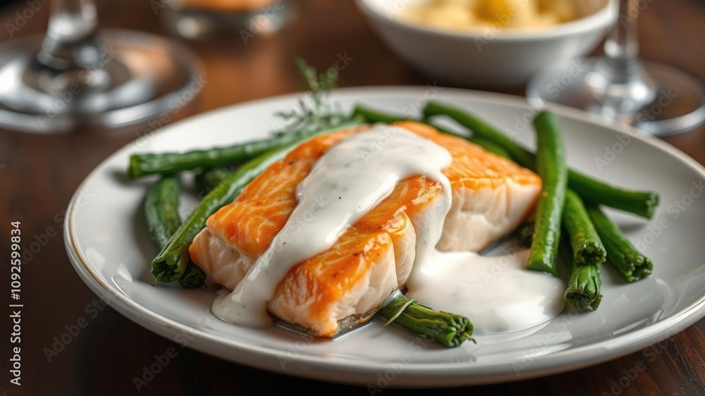 Salmon served with white sauce and steamed vegetables in a elegant setting, elegant setup, culinary artistry, steamed vegetables Salmon served with white sauce and steamed vegetables in a elegant setting, elegant setup, culinary artistry, steamed vegetables