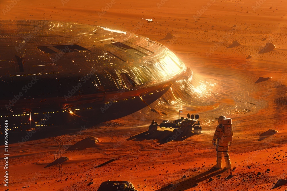 Fototapeta premium illustration astronaut first steps on mars surface