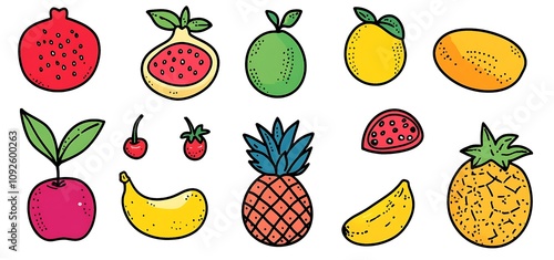 Set of Cute Cartoon Fruits, Hand-Drawn Doodle Style Vector Illustration with Pomegranate, Mango, Watermelon, Orange, Apple, Papaya, Pineapple, Lemon, Cherry, Banana, Avocado, Strawberry, Peach, Flat C